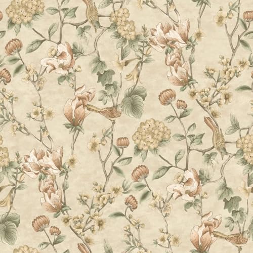 Image of Cream Floral Bird Trail Wallpaper - Green Flower Trees Leaves Natural Botanical Feature Wall
