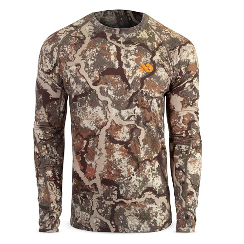 First Lite Men's Wick Long Sleeve Crew - Merino Wool Camo Hunting Base Layer, UV Protection Moisture Management Shirt, First Lite Specter, Medium