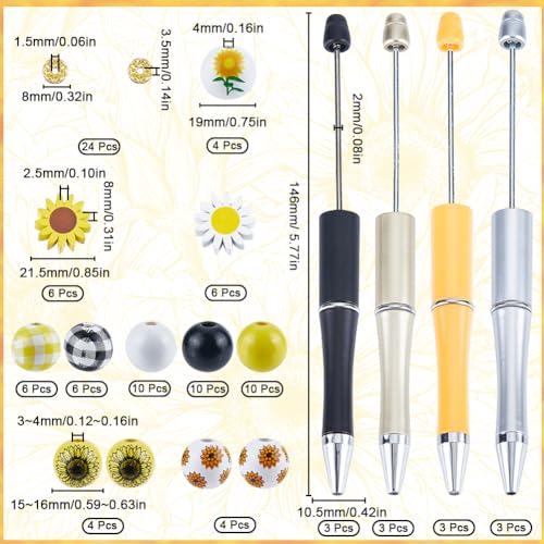 SUNNYCLUE DIY 12 Set Beadable Pens with Sunflower Focal Beads, Flower Printed Wood Beads - Image 2