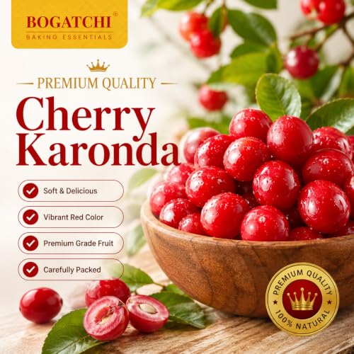 Image of BOGATCHI Jumbo Red Cherry Karonda for Cake Decoration, Ice Creams, Shakes & Desserts | Big Juicy Cherry Toppings for Baking, Garnishing & Sweets | Delicious, Tasty & Ready to Use | 200g