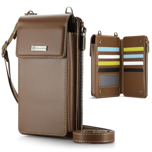 CaseMe Pequena bolsa transversal para celular feminina, com bloqueio de RFID, alça de ombro, carteira com compartimentos para cartões, Marrom, Bolsa transversal para celular