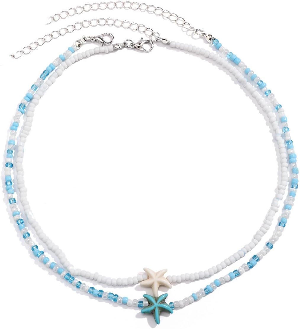 Colorful Beaded Choker Necklace for Women Bohemian Starfish Turtle Shell Layered Necklace Handmade Adjustable Colorful Rice Beads Charm Choker Necklace Boho Beach Summer Ocean Hawaii Jewelry
