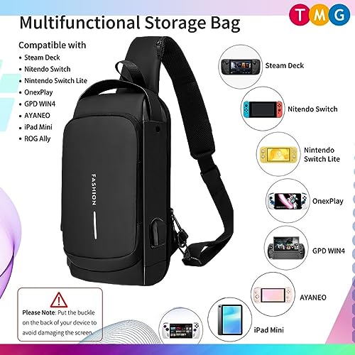 Image of TMG Crossbody Sling Bag for Steam Deck|Nintendo Switch OLED Console|iPad,Waterproof Chest Daypack with USB Charging, Shoulder Backpack for Men|Women (Mettalic Grey)