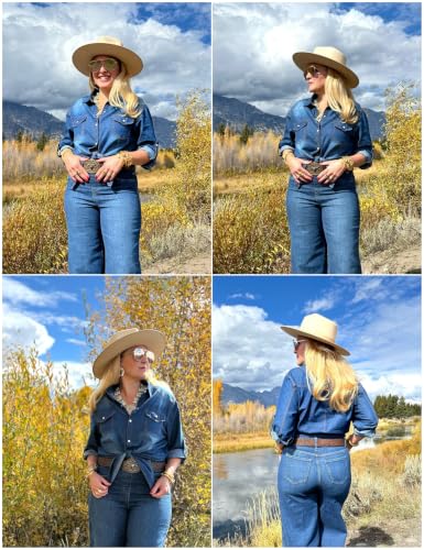 Image of Omoone Wome Crop Modern Denim Top Tie Knot Shirt Chambray Cardigan | Roll Up 3 /4 Sleeve, Button Down, Tie Front Blouse, Western Cowgirl Jean Shirts