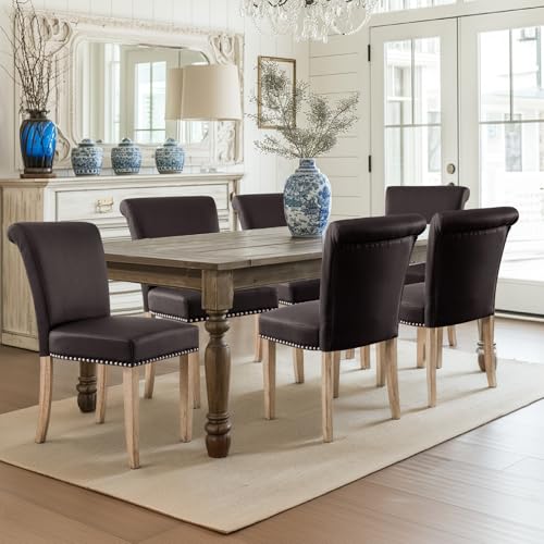 Image of CHUN YI Dining Chairs Set of 6, Faux Leather Dining Room Chairs, Upholstered Modern Kitchen Parsons Chairs for Dining Room with Sturdy Wood Legs, Vintage Brown