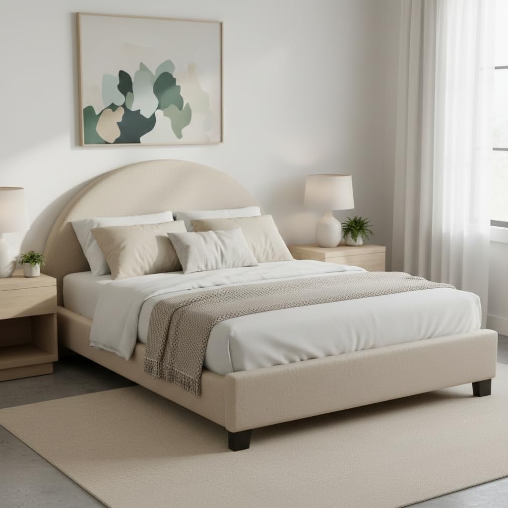 APRODZ Queen Size Upholstered Bed Frame, Ivory Fabric with Wooden Construction, Arched Headboard Platform Bed-image-26
