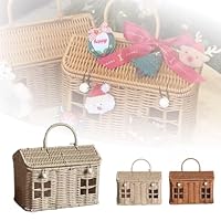 Rattan House Shaped Basket, Decorative Hand Woven Shelf Storage Rack with Lid, Natural Harvest Wicker Organizer with Folding Handle for Picnics, Easter, Tidying Up (Beige)