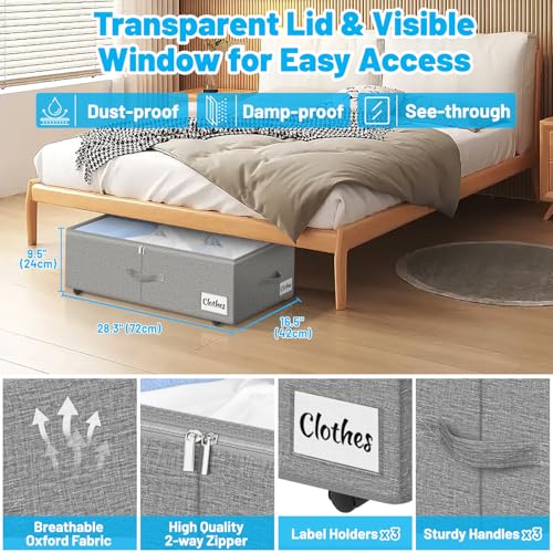 Image of Under Bed Storage with Wheels, 3-Pack 10 inch Height XXL 75L Rolling Storage Bins, Quick Assembly Underbed Shoe Storage Containers with Clear Lid & Label, Dorm Under Bed Drawers for Clothes, Shoes, Grey