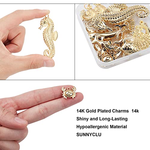SUNNYCLUE 1 Box 16Pcs 8 Styles Real 14K Gold Plated Charms Gold Sea Theme Animal Charms Tortoise Starfish Seahorse Pendants Bulk for Earring Necklace Bracelet Jewelry Making Supplies - Image 3