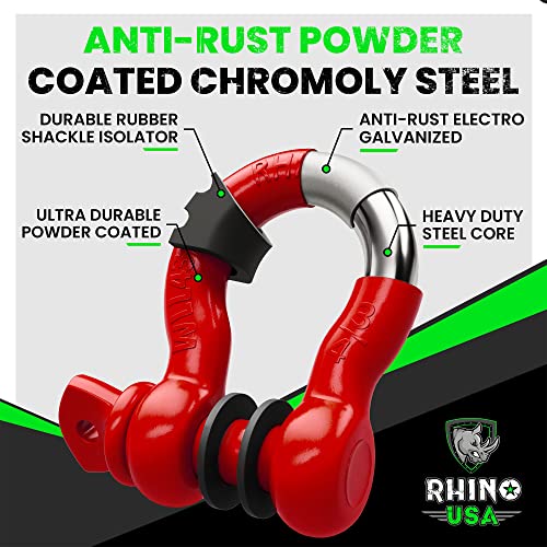 Image of Rhino USA D Ring Shackles (2-Pack) - 41,850lb Break Strength - Heavy Duty 3 /4 inch Clevis Shackle with 7 /8 Pin for Towing & Off-Road Use - Pairs with Tow Strap for Vehicle Recovery (Red)