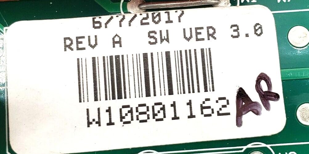 Rear view of the W10801162 refrigerator control board, showing the circuit traces and component soldering points.