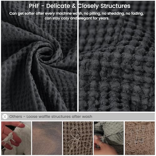 Image of PHF 100% Cotton Waffle Weave Throw Blanket 50 inch x 60 inch - Lightweight Washed Soft Breathable for Adults and Kids - Perfect Layer for Couch Bed Sofa - Elegant Home Decoration Gift - Black