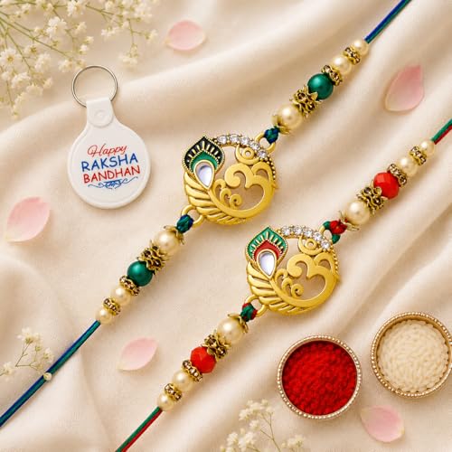 Image of Riddhika Ventures Glorious Gold Plated Religious Diamond Ring Rakhi || Traditional Rakhi Set of 2 & Festive Gift || Rakhi Gift Combo for Brother