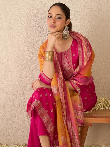 Image of INDO ERA Women's Straight Silk Blend Ethnic Motifs Printed Kurta & Pant With Dupatta Set (IESTR10385)