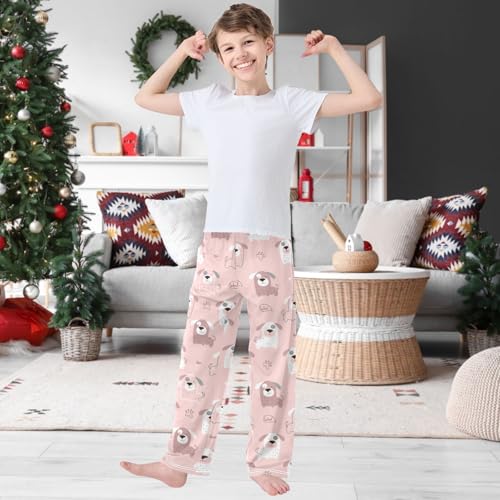 Boy's Pants Hand Drawn Cute Pink White Dog Jogger Pants Elastic Waist Long Bottoms Trousers with Pockets 6-14 Years2