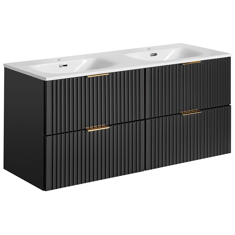 Lomadox Badezimmermöbel Badmöbel Komplett Set, matt schwarz Rillenoptik, 120cm Waschtisch mit Unterschrank, Keramik Waschbecken, LED-Spiegel, 2 Hochschränke, B/H/T 170/200/46 cm