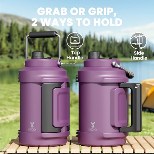 Image of 1 Gallon Insulated Water Bottle for Sports: Meoky 128 oz Triple Wall Vacuum Stainless Steel Water Jug - Top and Side Handles, Cold for 48 Hrs, 2-in-1 Straw and Spout Lid, Leak Proof for Hiking (Plum)