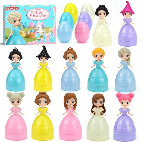 Manaror 12PCS Pre Filled Easter Eggs Gifts for Kids with Transforms into Princess Toys Easter Basket Stuffers Easter Eggs Hunt Easter Party Favor Prize Classroom Rewards Toys for Girls