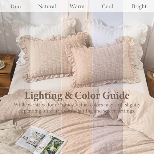 Image of JOLLYVOGUE Beige Comforter Full Size, 3 Pieces Seersucker Lightweight Full Size Bedding, All Season Fluffy Microfiber Bedding Comforter Set with 1 Ruffle Comforter and 2 Ruffle Pillowshams