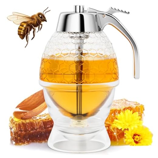 Honey Dispenser No Drip Glass, Maple Syrup Dispenser, Honey Jar with Stand, 8 oz Beautiful Honey Comb Shaped Pot, Perfect Bee Decoration for Home Kitchen
