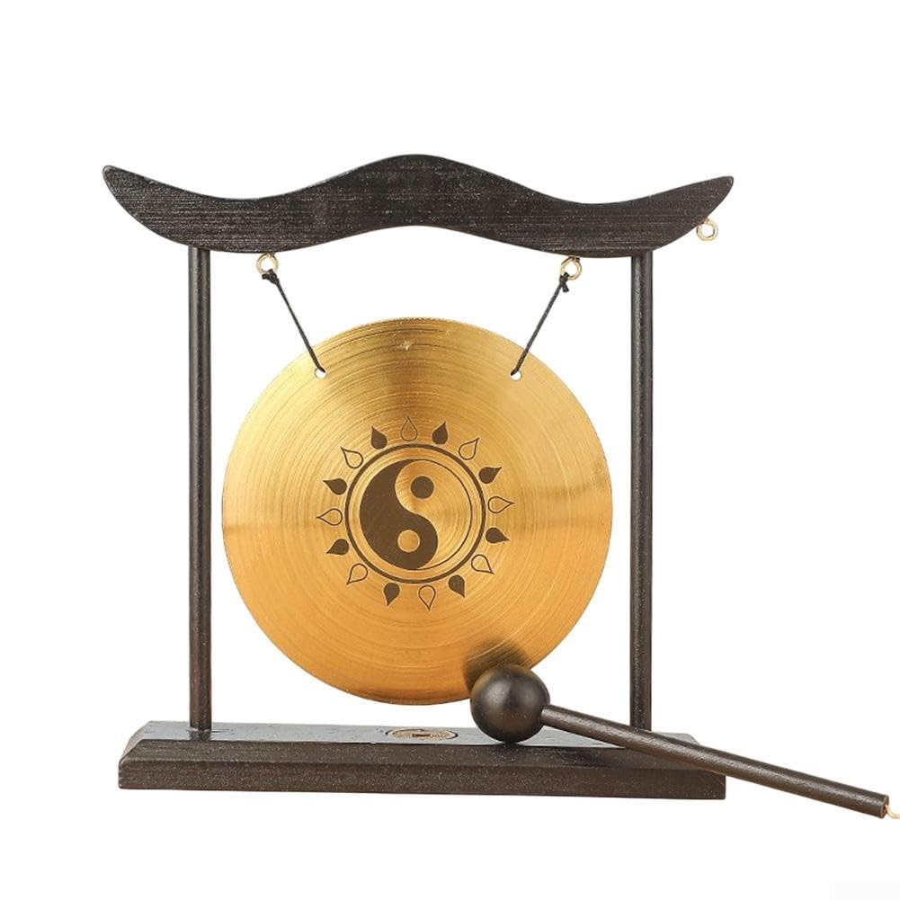 Gdfnmogo Gong cinese da tavolo a percussione in ottone, gong da tavolo in ottone, gong da tavolo in rame, gong cinese da tavolo, gong a mano, decorazioni per la famiglia, decorazione per la casa
