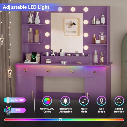 Image of HUANLEGO Vanity Desk with Mirror and Lights, Makeup Vanity with Mirror and LED Lights & Power Outlet, 3 Drawers and Cabinets, 3 Lighting Modes Dressing Table Set for Girls Women Bedroom,Purple