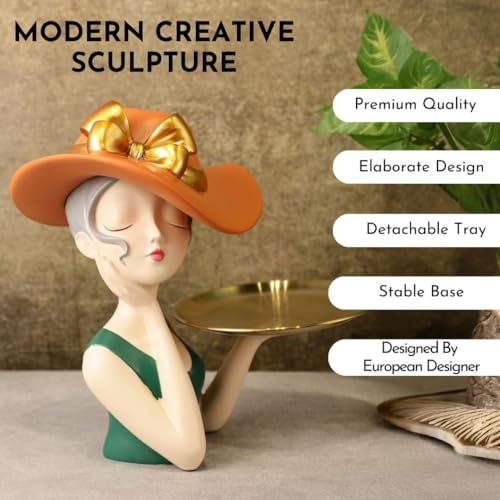 Image of ARMONIA Modern Decorative Sculpture with Detachable Gold Color Tray, Designed by European Designer, Orange Hat and Green Dress