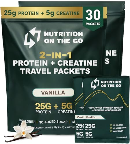 Nutrition On The Go Whey Protein Isolate Packets with Creatine – 25g Protein + 5g Creatine – Single-Serve Travel Protein Powder – Vanilla (30-Pack)