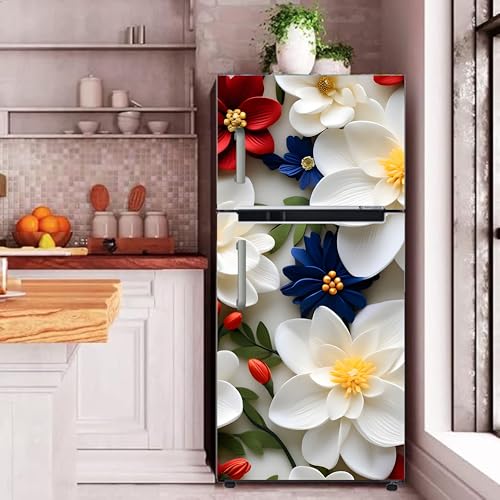 Image of DesignDecor Vinyl 3D Flower Fridge Sticker, 24x60 cm, Marble Texture, Double Door Refrigerator (White)