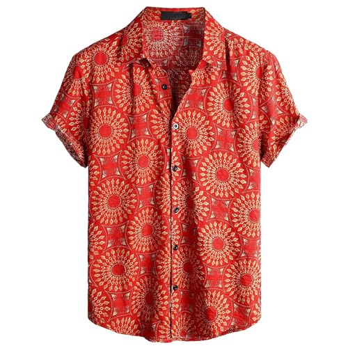 Camisa informal cómoda estampada para hombre, camisa informal de manga corta, camisa hawaiana vintage, camiseta moderna de talla grande para festival, naranja, XL