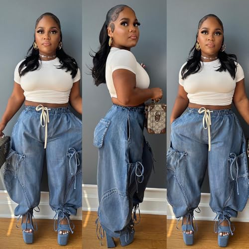 Women's Drawstring Denim Jeans,Sweatpant Jeans,Wide Leg with Pockets Denim Joggers, Blue2