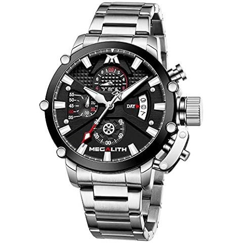 MEGALITH Men's Watch 45mm Stainless Steel Chronograph Waterproof Fashion Watch Analog Date Heavy Duty Watches for Men Metal Luminous Multifunctional Cool Designer Gents Wrist Watches Silver Black Cover