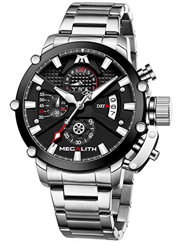 MEGALITH Men's Watch 45mm Stainless Steel Chronograph Waterproof Fashion Watch Analog Date Heavy Duty Watches for Men Metal Luminous Multifunctional Cool Designer Gents Wrist Watches Silver Black