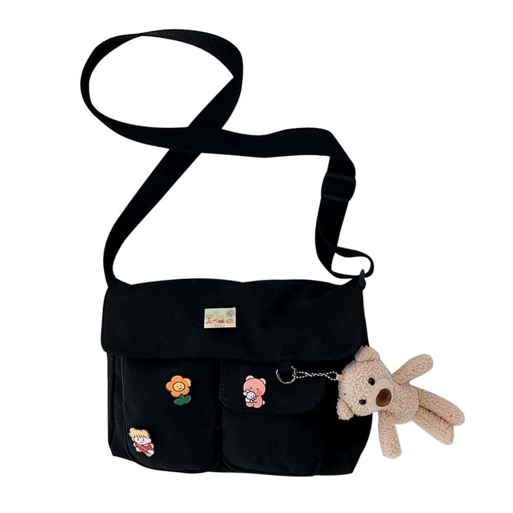 Kawaii Canvas Crossbody Bag With Kawaii Pins and Bear Pendent for Girls Casual Shoulder Messenger Bag For School Multi Pocket Kawaii Handbag