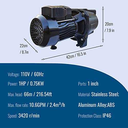 Dawot Shallow/Deep Well Jet Pump 1Hp 10.57Gpm Jet Water Pump 216Ft 110V/60Hz Stainless Steel Jet Pump To Supply Fresh Well Water #TOP2
