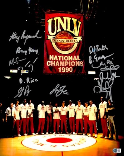 1990 NCAA Champions UNLV Runnin Rebels Autographed 16x20 Photo With 13 Signatures Including Larry Johnson Beckett BAS Witness Stock #233682 - Autographed College Photos