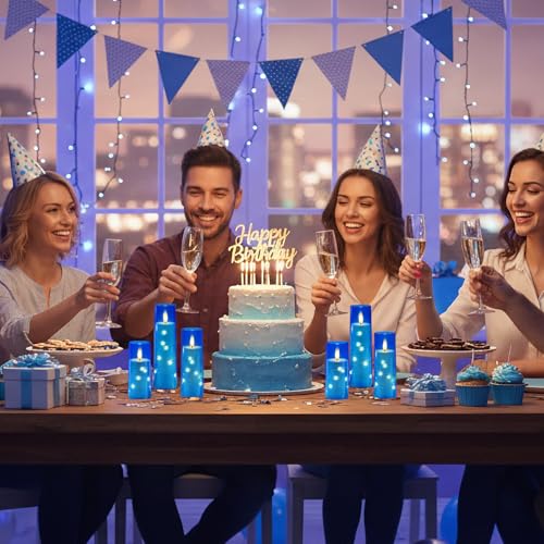 Image of Raycare Independence Day Flameless Candle with Remote Timer - 5 Flickering Acrylic Battery Operated LED Pillar Candles with Embedded Star String for 4th of July Home Patriotic Decor, as a Gift (Blue)