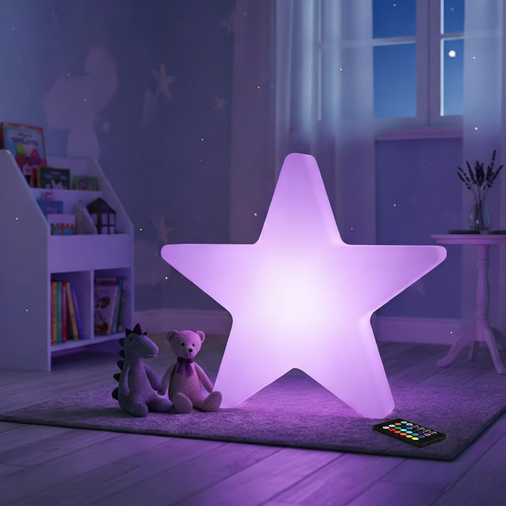 Luce a stella da 40,6 cm, in robusto materiale PE, luce notturna per bambini, lampada per bambini con porta di ricarica USB, 16 colori e 4 effetti di luce, lampada a forma di luna per asilo nido