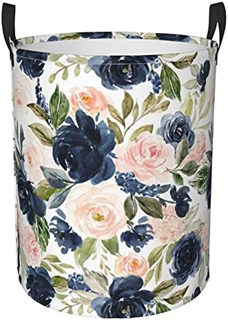 Storage Basket Circular Dirty Clothes Hamper Organizer Pack Navy Blue And Pink Watercolor Floral Large Laundry Basket With Handles Collapsible Washing Bin For Bedroom Bathroom Living Room Medium