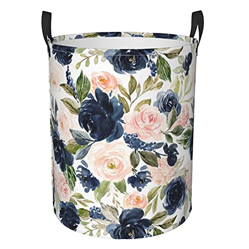 Storage Basket Circular Dirty Clothes Hamper Organizer Pack Navy Blue And Pink Watercolor Floral Large Laundry Basket With Handles Collapsible Washing Bin For Bedroom Bathroom Living Room Medium #TOP16