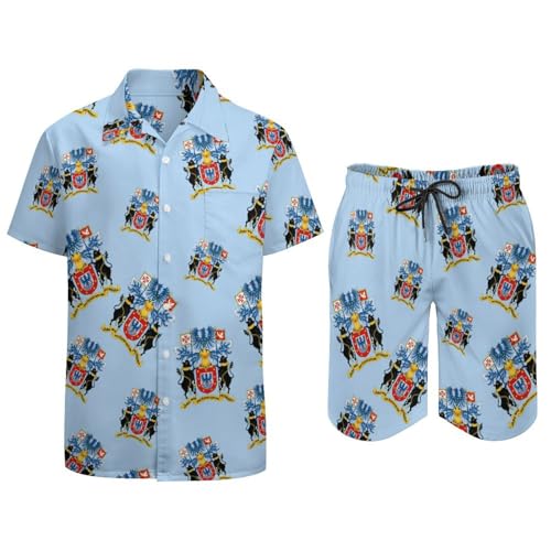 Coat of Arms of Azore Men's Beach Shirt And Shorts Set 2 Piece Hawaiian Button Down Shirts And Shorts S