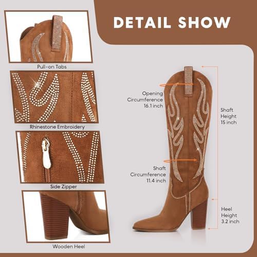 Celbreez Cowboy Boots for Women Cowgirl Boots Women Suede Knee High Boots Rhinestones Embroidered Western Boots Pointed Toe Chunky Heel Side Zip Festival Country Concert Shoes - Image 7