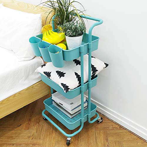 Lontenrea 3-Tier Multifunction Rolling Cart Utility Storage Shelves Cart with Hanging Cup Lockable Wheels and Handle for Office Living Room Kitchen Bathroom (Blue)