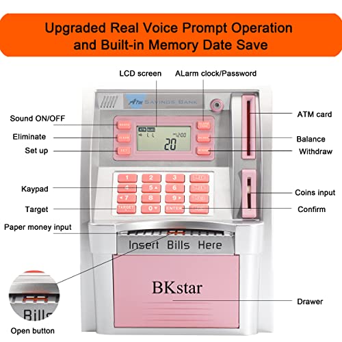 Image of BKstar Kids Talking Pink ATM Piggy Bank with Debit Cards, Power-Off Memory, Auto-Opening Drawer for Real Money for Girls, Onekey Shutdown, Bill Feeder, Coin Recognition, Balance Calculator Machine