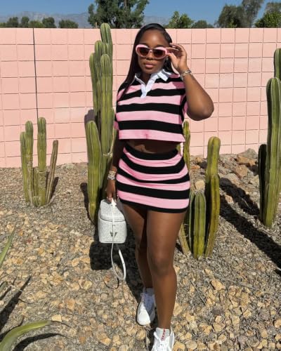 Image of HBQ Women's Casual 2 Piece Skirt Sets Polo Collar Crop Top Striped Mini Dress Summer Vacation-Stripe