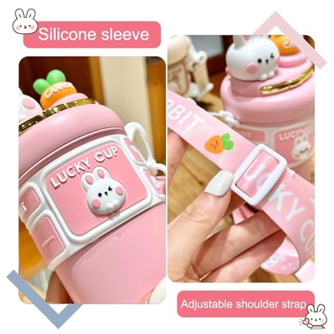MiOYOOW Kawaii Insulated Water Bottle, 550ML Cute Cartoon Drink Bottle with Straw, Stainless Steel Travel Mug Cup for Hot & Cold Drinks