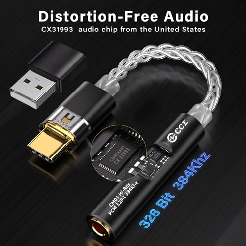 EZ EAR CCZ CM01 Adaptador de Auriculares USB C a Conector DAC de 3,5 mm MAX97220 Amp Conexant CX31993, convertidor de Audio de Alta resolución de 24 bits/384 kHz con Cable Chapado en Plata - imagen 2