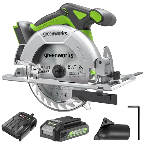 Greenworks Tools Scie circulaire sans fil 24 V 165 mm, moteur brushless avec batteries 2 Ah, lame de scie circulaire 165 mm, chargeur 2 Ah