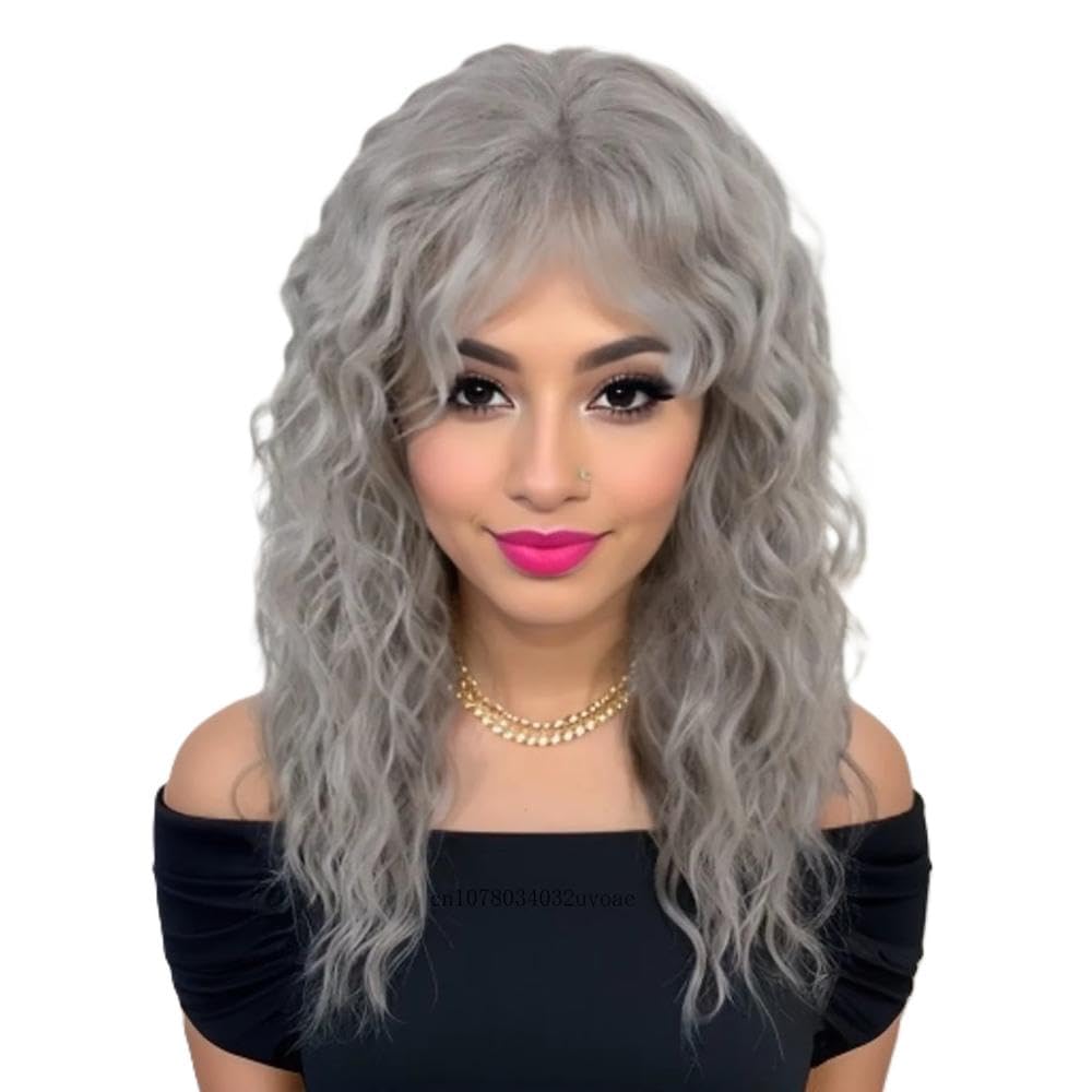 Haarpflege 20 Zoll Lange Gewellte Lockige Haarperücke Mit Pony Für Frauen Party Cosplay Alltagskleidung(Gray)