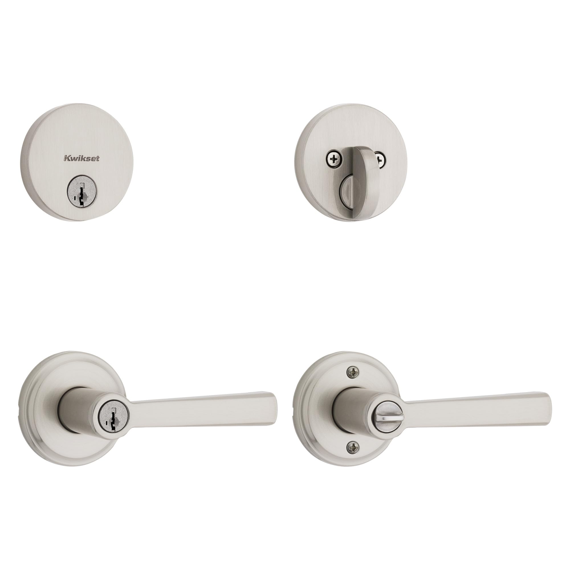 Kwikset Trafford Front Door Lock Handle and Deadbolt Combo Set, Satin Nickel, Pick Resistant SmartKey Rekey Deadbolt Security, with Microban